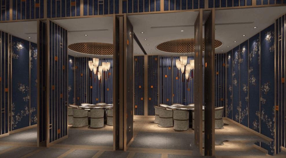 Luxury restaurant interior design featuring gold stainless steel screen partitions and wall trims.