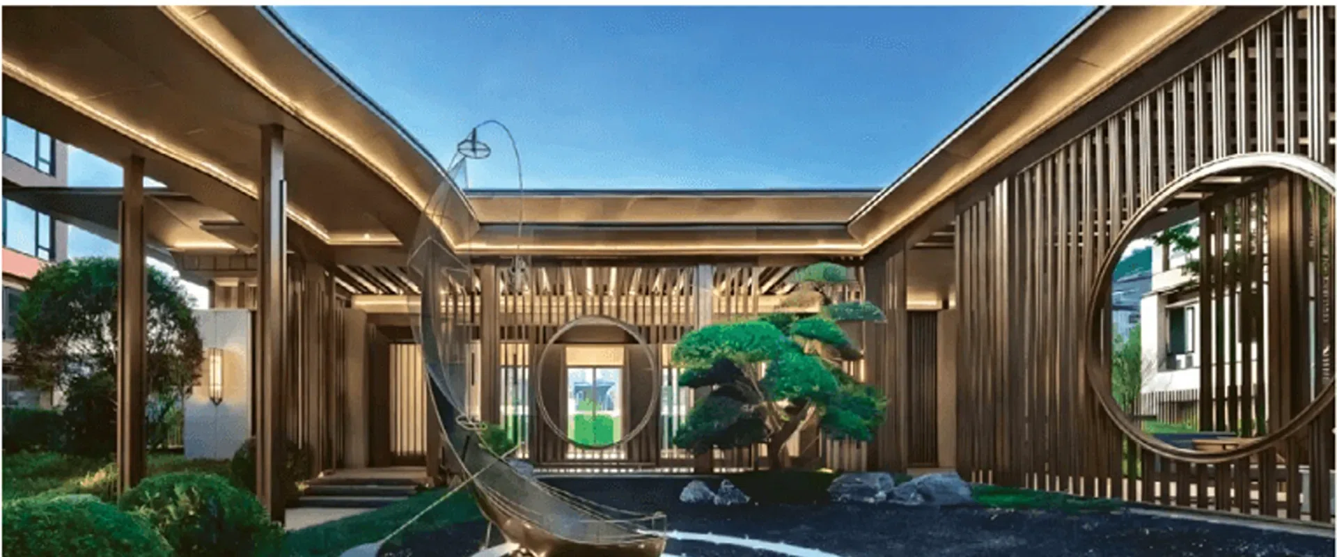 A contemporary courtyard constructed entirely from stainless steel, featuring vertical slat wall panels, circular moon gate openings, integrated warm LED lighting, a sculptural stainless steel installation, a shaped ornamental tree, and a reflective water feature beneath an open sky ceiling.