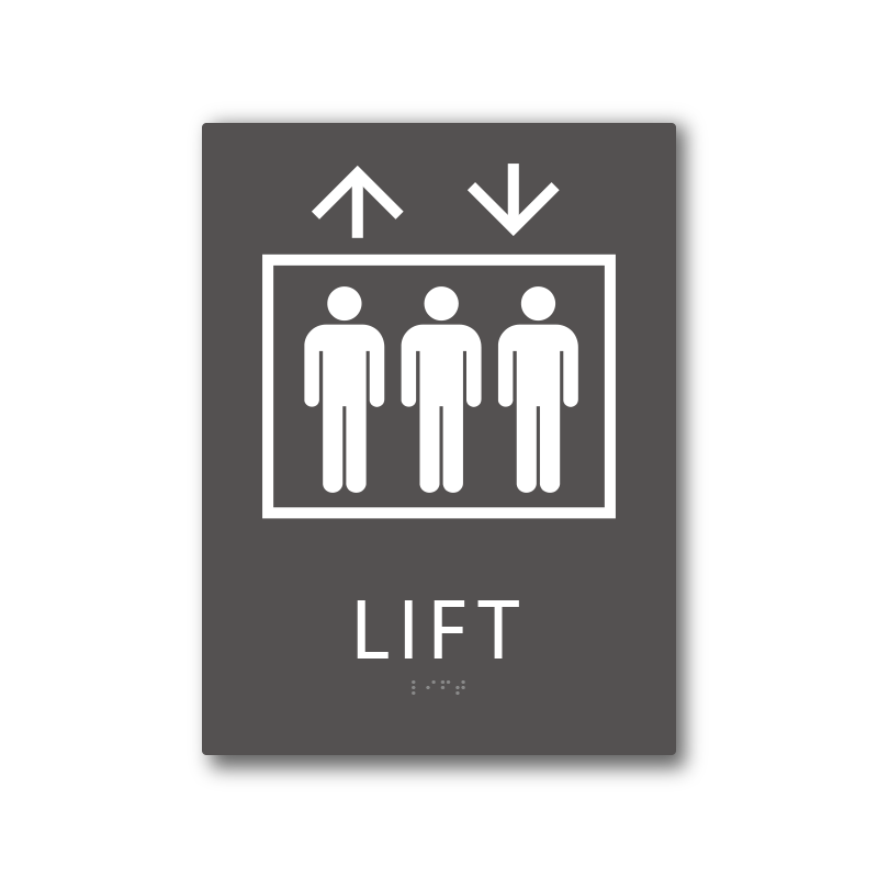 ADA compliant lift sign featuring tactile text and Braille, demonstrating the functional capabilities within our Architectural Metal Signage and Stainless Steel & Brass Signs collections.