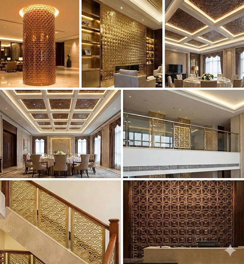 Various architectural applications of embossed stainless steel sheets including ceilings, columns, and staircases.