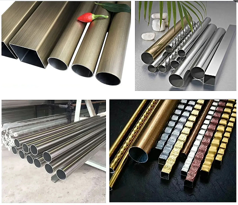 Decorative architectural stainless steel tubes in 304 and 316 grades with gold and brushed finishes.