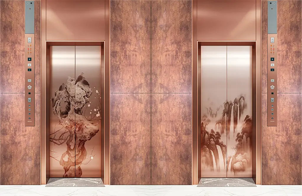 Luxury elevator bay featuring oxidized copper panels and bespoke metal aging for high-end interior cladding.