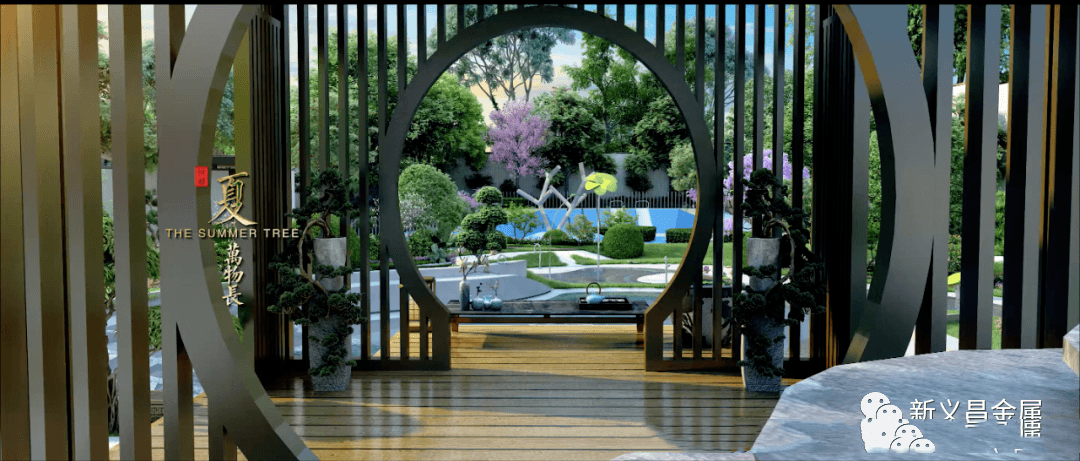 3D render of a bespoke metal landscape structure with an iconic moon gate opening, looking out into a lush private garden.