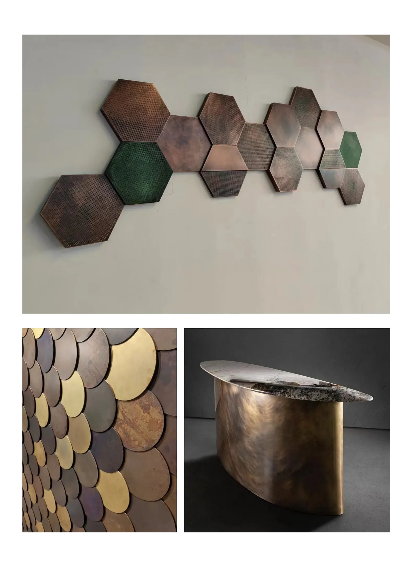 A collage of bespoke patina metal finishes including hexagonal wall art, scale-patterned tiles, and a custom patinated desk.