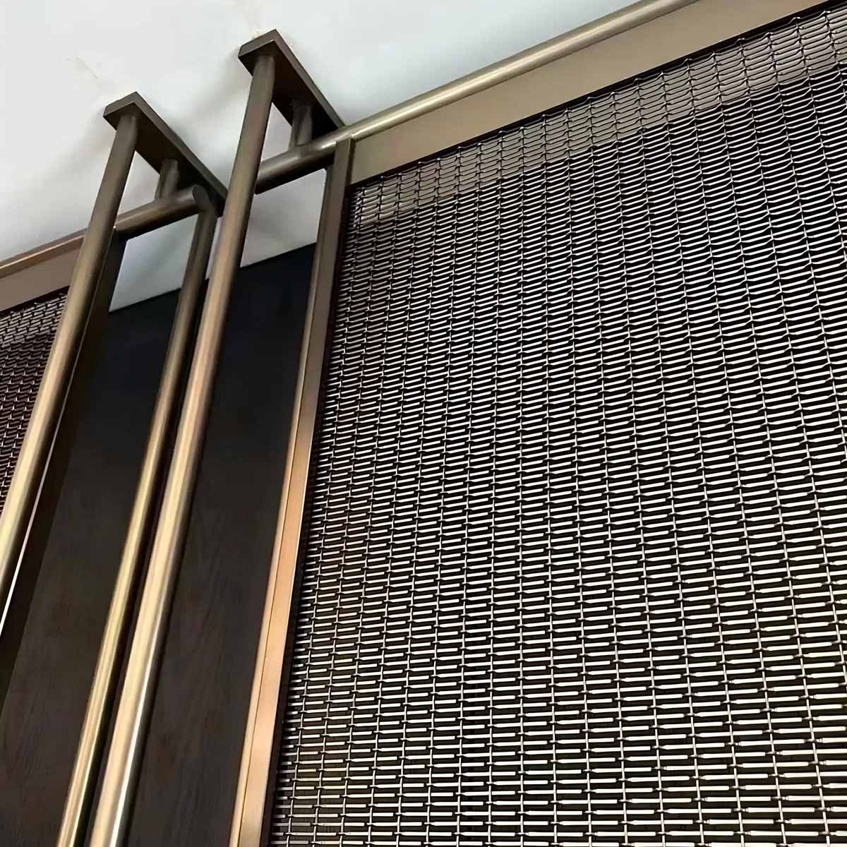 Bronze-finished rectangular pattern woven wire mesh used for luxury interior decorative wall panels