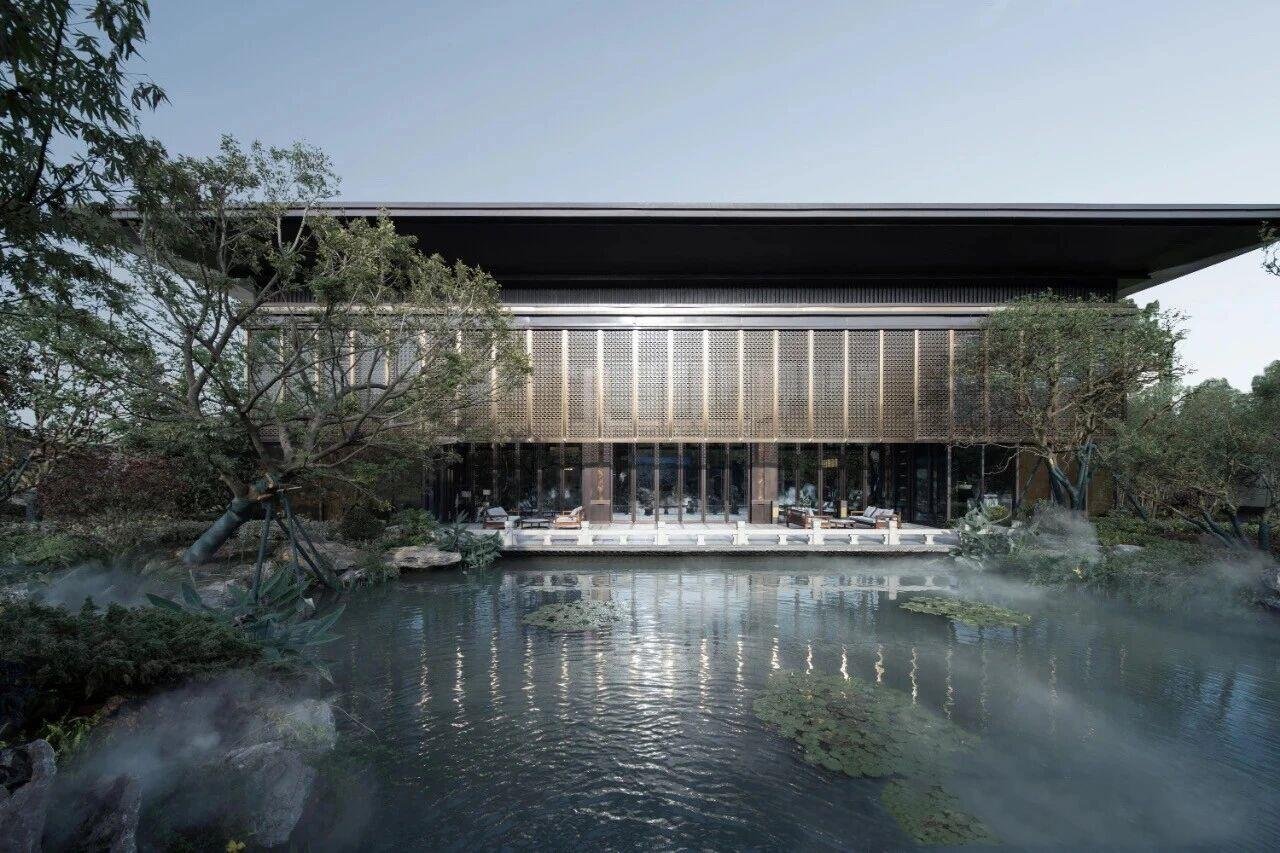 Modern luxury clubhouse featuring intricate Perforated Metal Screens as part of our bespoke Architectural Metal Facades.