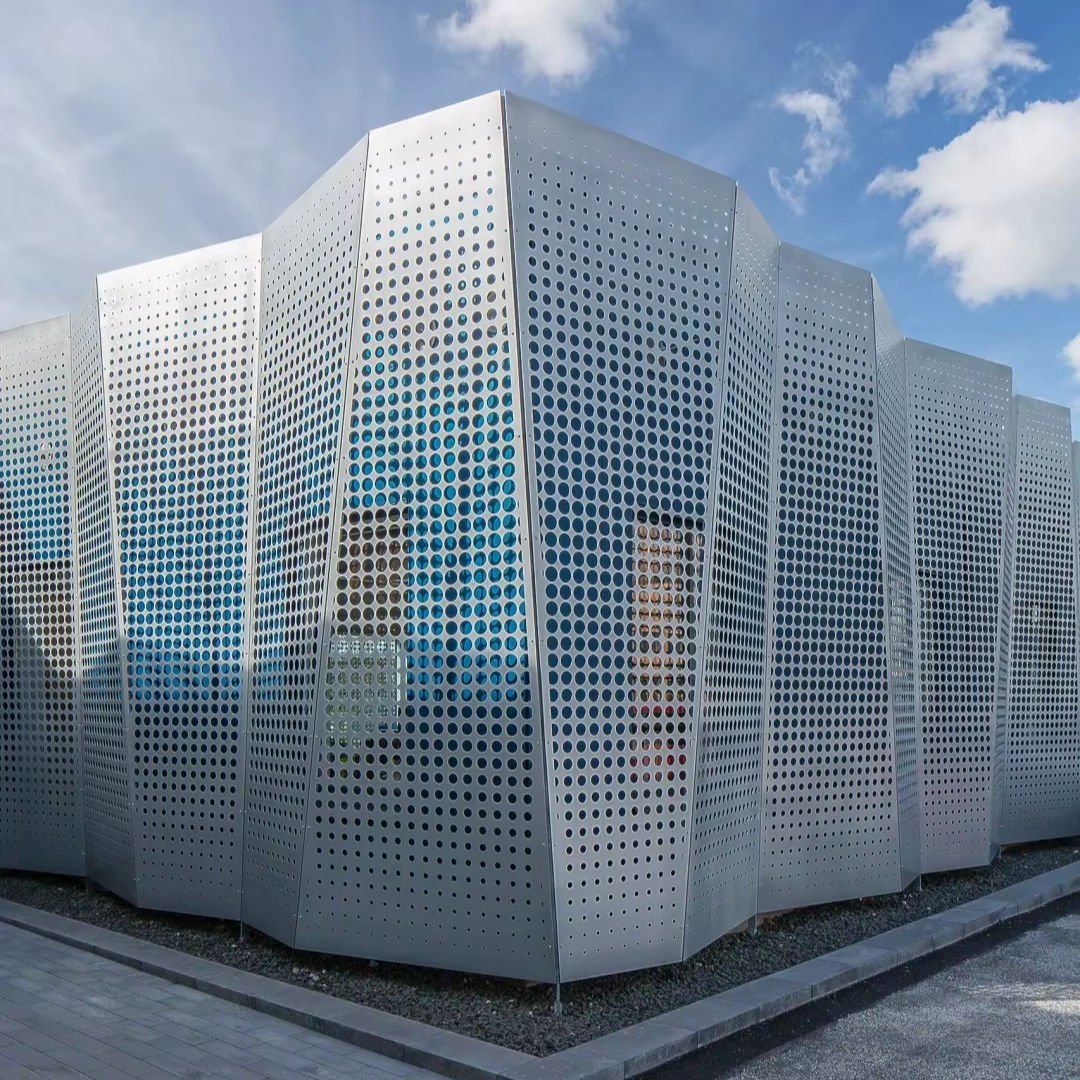 Durable perforated aluminum facade panels crafted through precision custom aluminum fabrication.