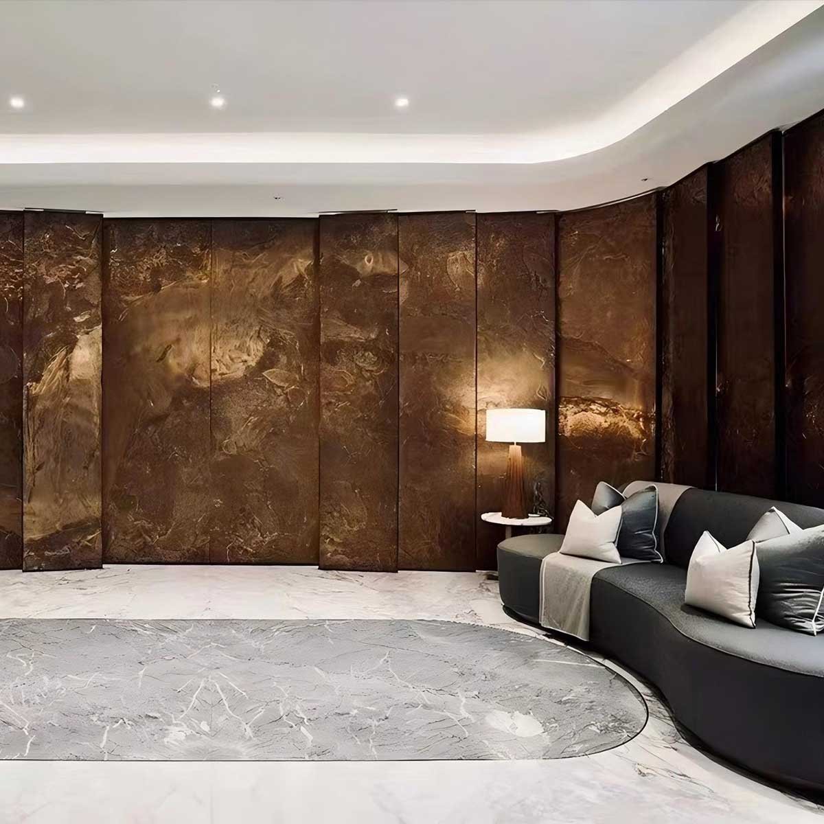 Luxury interior feature wall created using custom bonded metal sheets and textured metal panels.