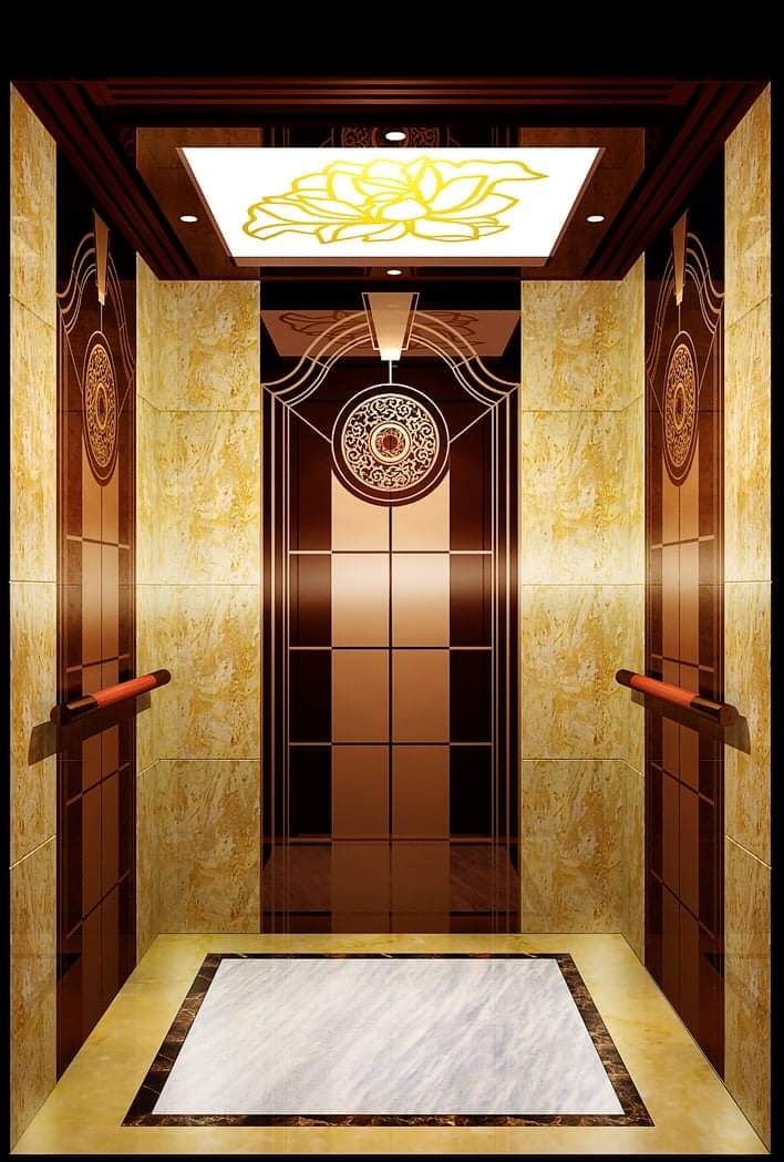 Luxury elevator cabin featuring custom etched stainless steel sheets with intricate patterns by XYC Metalworks.