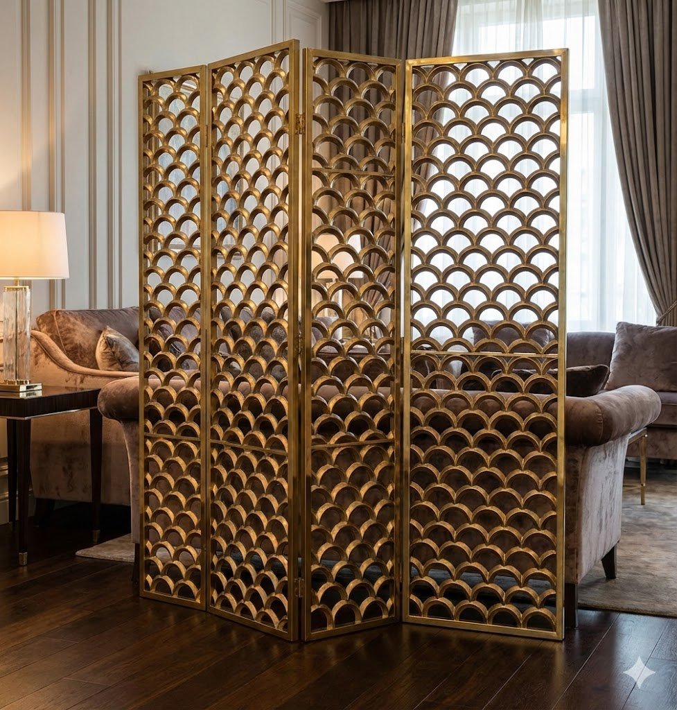 Custom metal fabrication folding screen with fish scale pattern in PVD gold finish by XYC Metalworks.