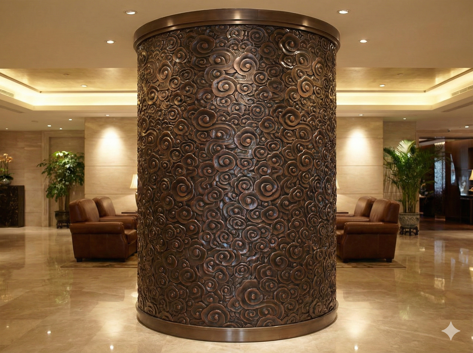 Custom patterns stamped stainless steel column wrap with 3D dynamic surface for commercial projects.