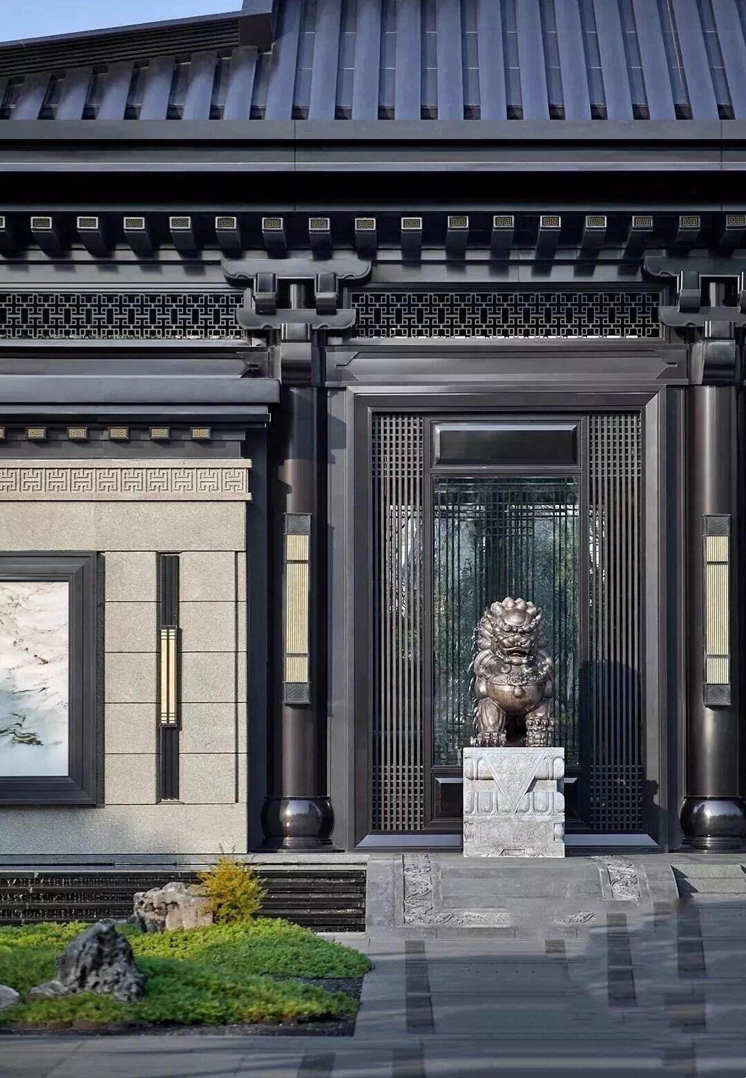 Custom Pull Handles in antique bronze with ornate Chinese-style cast tops for luxury glass Stainless Steel Interior Doors.