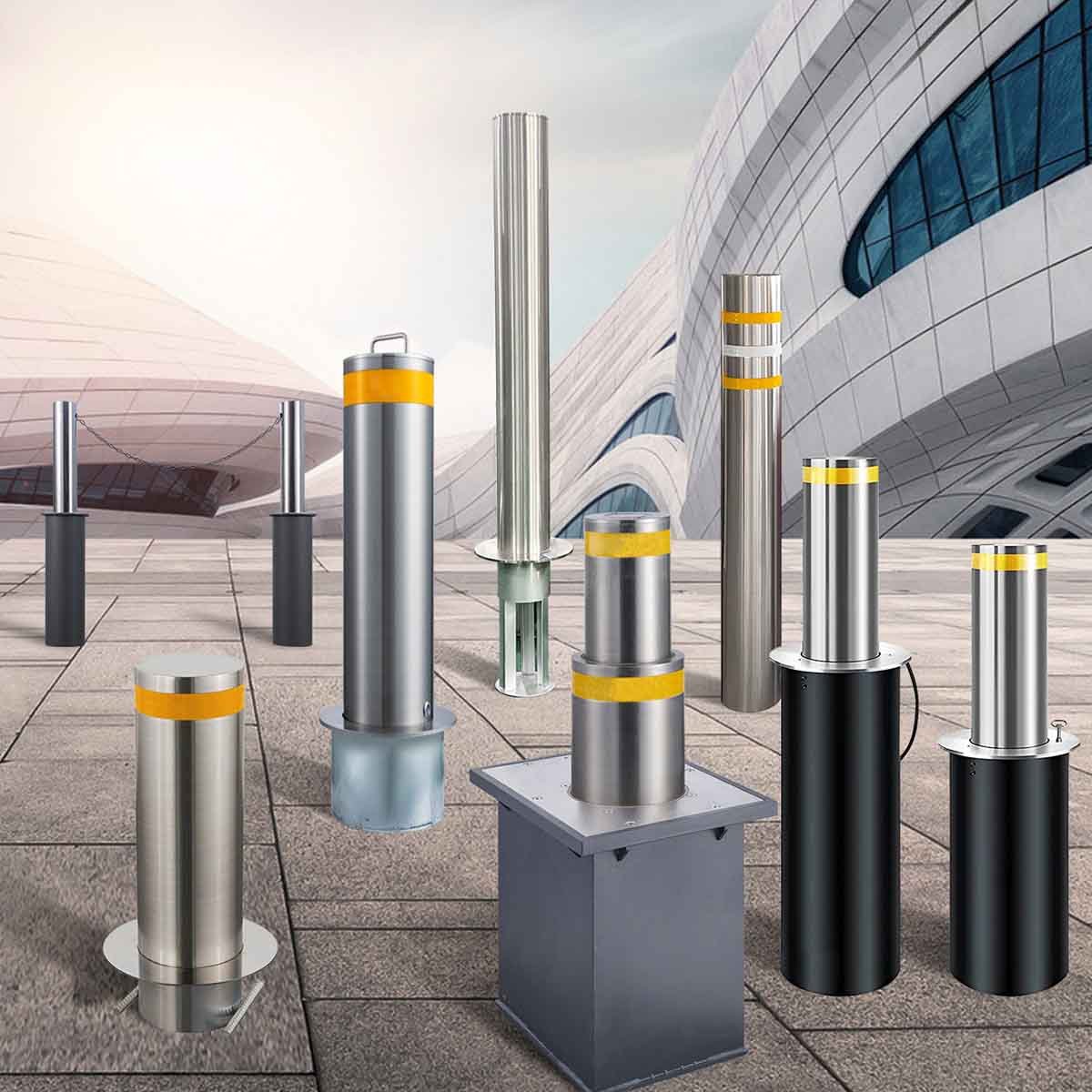 various stainless steel bollard types, including fixed, automatic retractable, and manual models