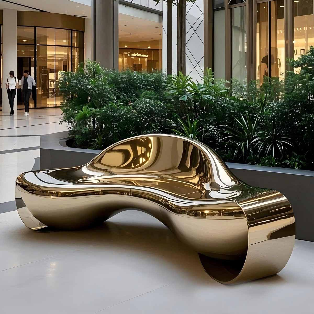 Bespoke mirror-polished sculptural seating bench with gold PVD titanium coating for high-end commercial shopping mall interior by XYC Metalworks.