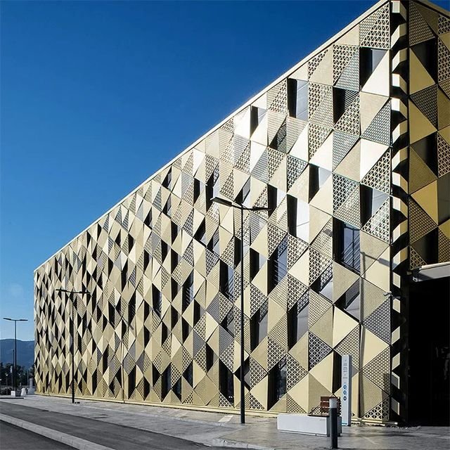 Triangular perforated Anodized Aluminium Sheet Metal panels for high-end mall facade cladding and solar shading.