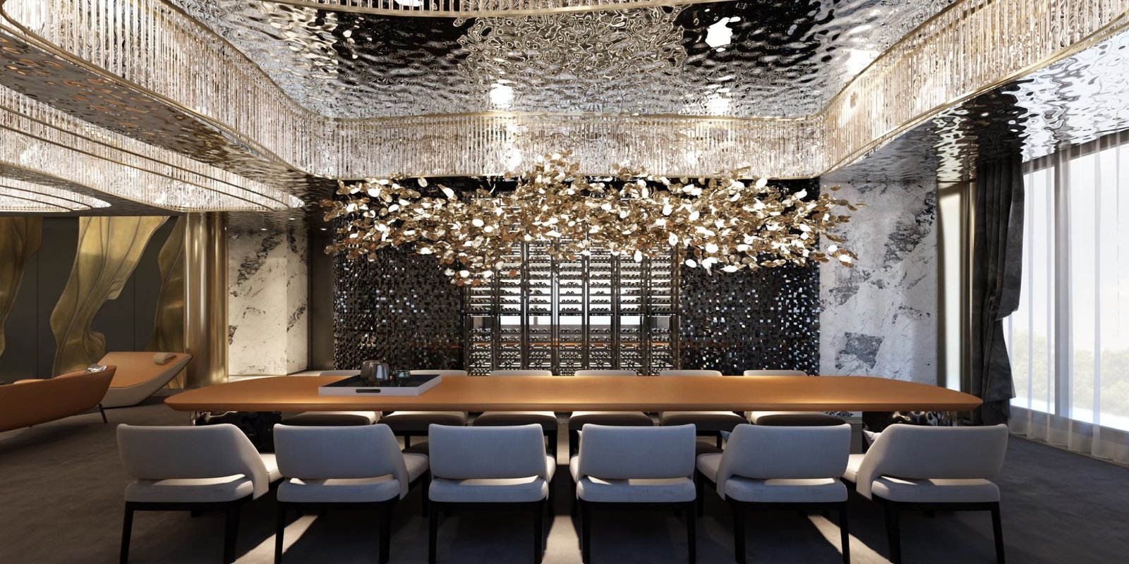 Elegant dining hall featuring a gold PVD water ripple stainless steel sheets ceiling for a prestigious architectural statement.