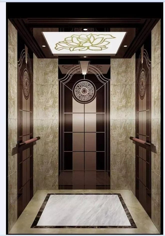 Architectural etched stainless steel sheets with intricate branded detailing for high-end elevator projects.