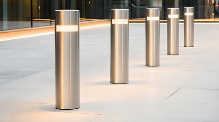 Architectural stainless steel bollards with integrated LED light rings, illuminating a modern tiled floor