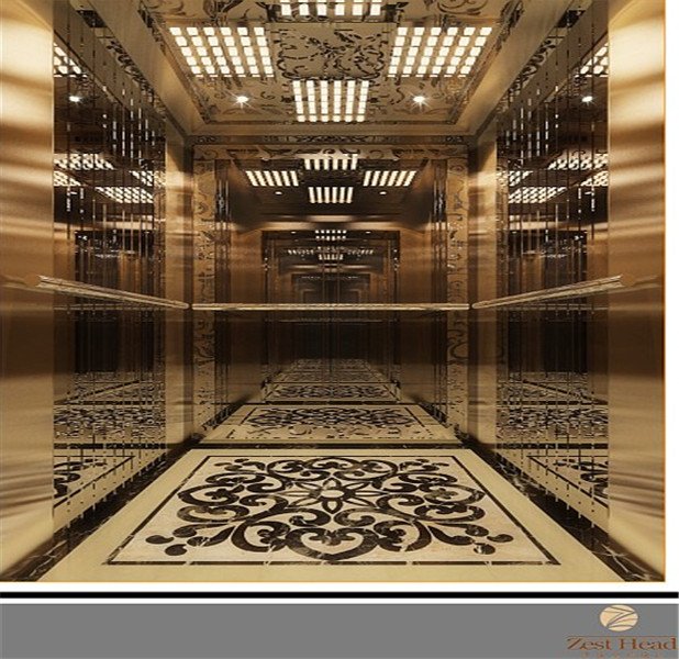 Stainless Steel Elevator Wall Panels featuring a luxury PVD gold mirror finish and intricate etched architectural patterns