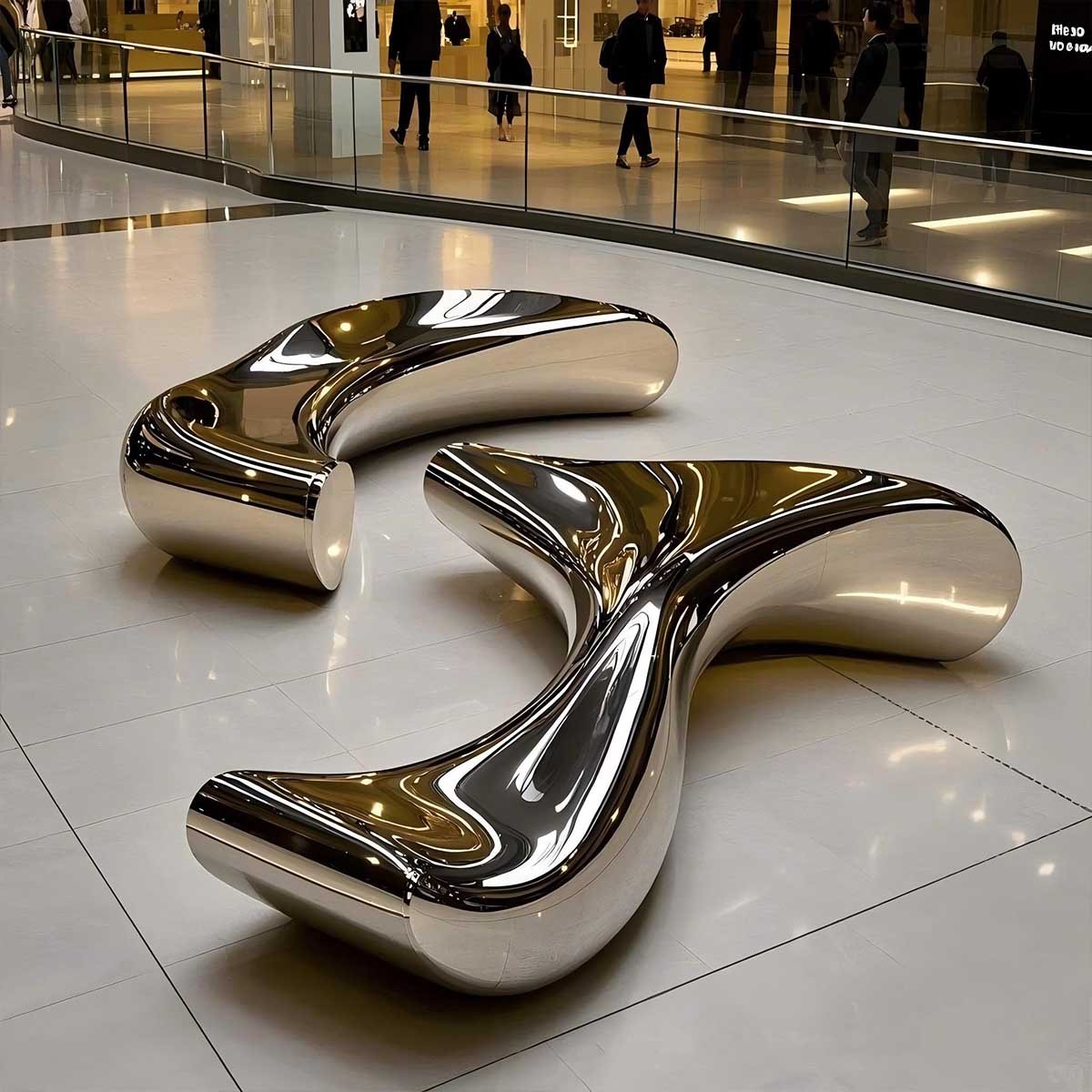 Mirror-polished stainless steel sheets used for contemporary silver curved benches in a high-end commercial hallway.