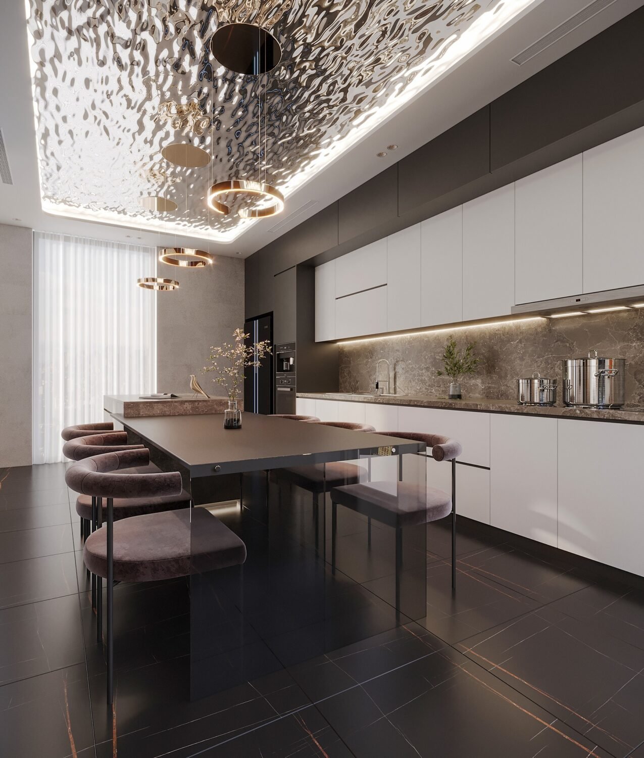 Sleek modern kitchen design featuring a water ripple stainless steel sheets ceiling panel for enhanced light play and futuristic aesthetic.