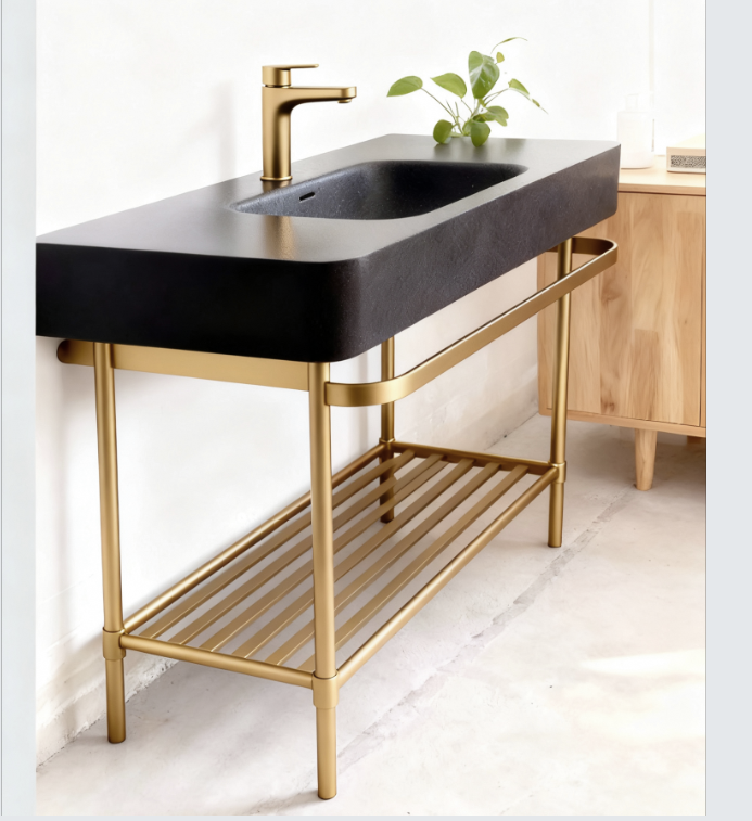 A modern, minimalist PVD gold stainless steel vanity stand with a black stone sink, towel bar, and slatted lower shelf.