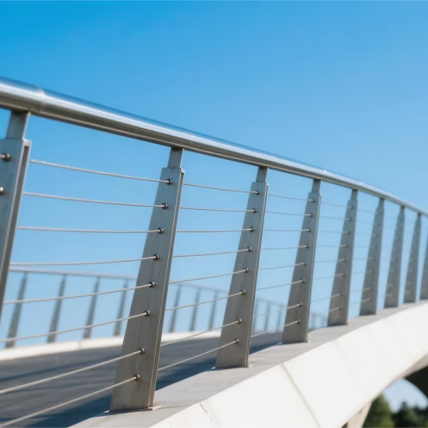 Modern Stainless Steel Wire Cable Railing system for a pedestrian bridge walkway providing a minimalist look.