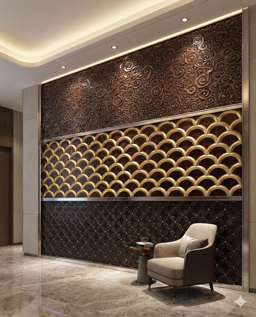 Multi-texture embossed stainless steel sheets combining cloud, scale, and geometric custom patterns.