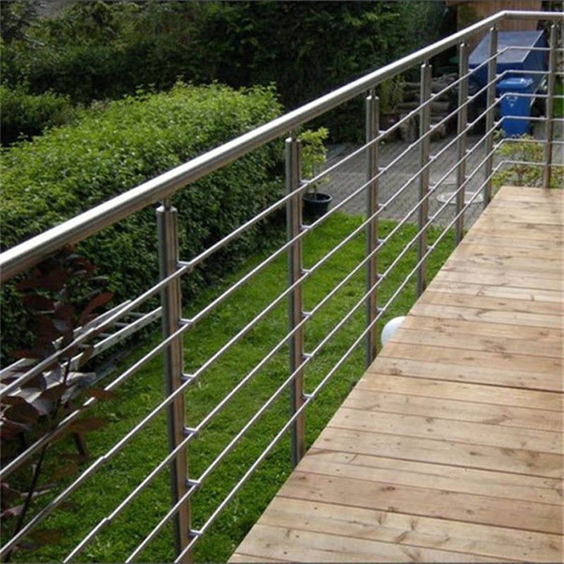 Custom outdoor stainless steel balustrade featuring a durable horizontal rod infill system for a residential wooden garden deck.