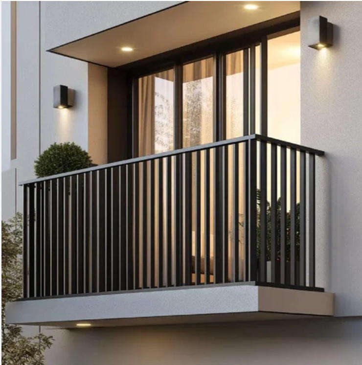 Elegant PVD black finish vertical bar balustrade for a residential balcony, meeting international building codes for safety.