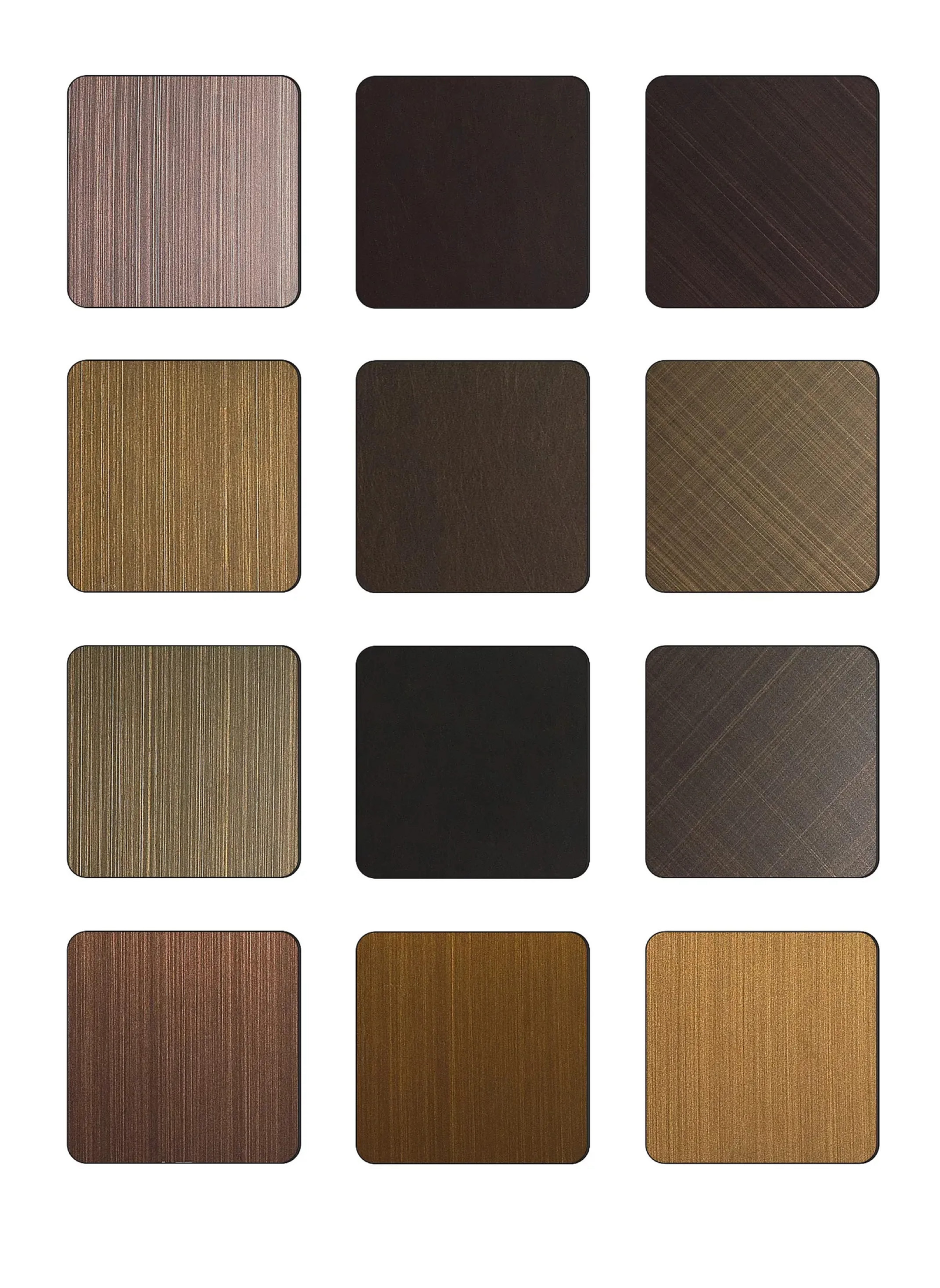 PVD Coated Stainless Steel brushed finish samples in rose gold, black, and dark bronze for architectural trim.