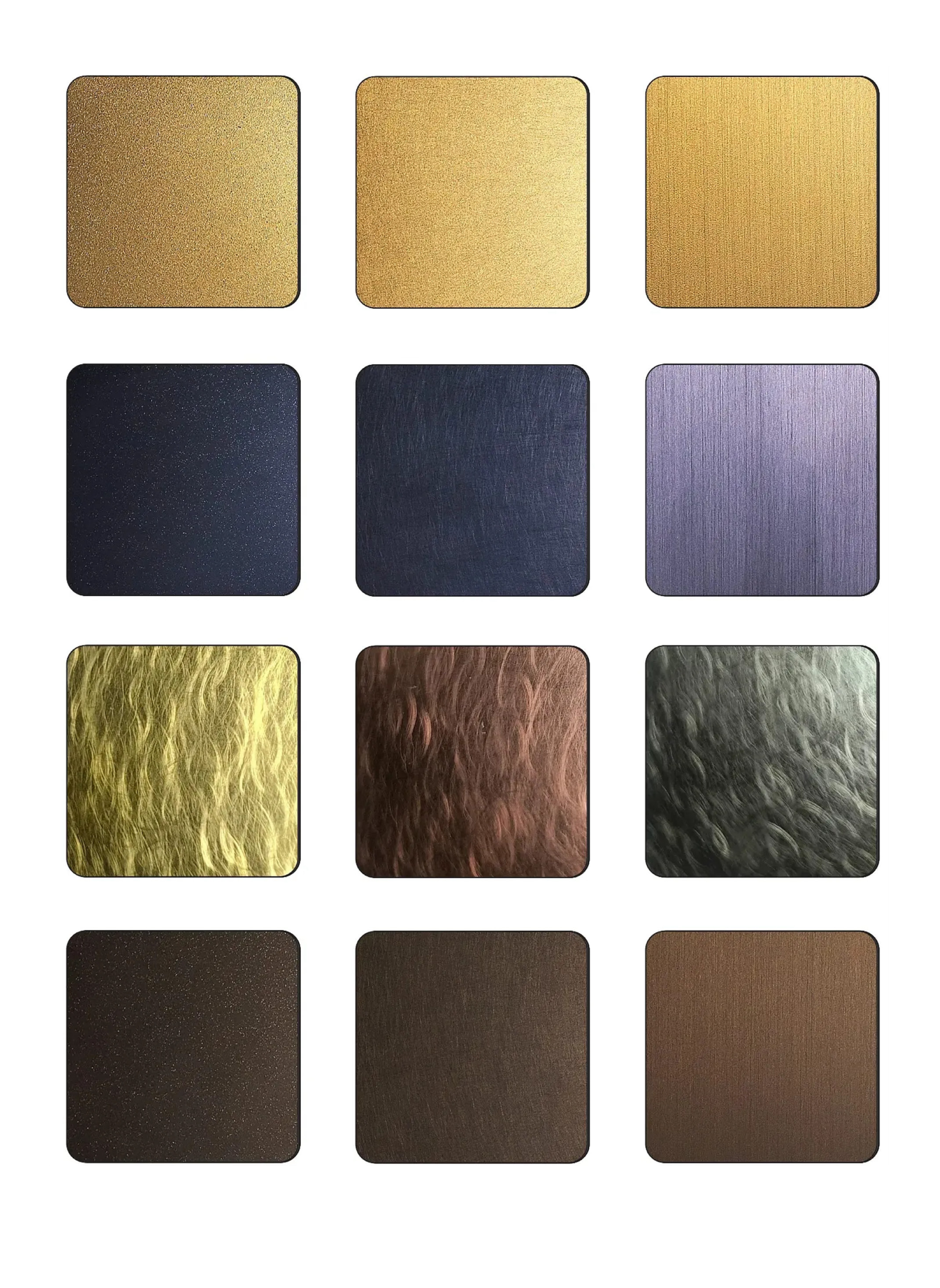 PVD Coated Stainless Steel swatches with vibration textures in vibrant colors like blue and purple for custom feature walls.