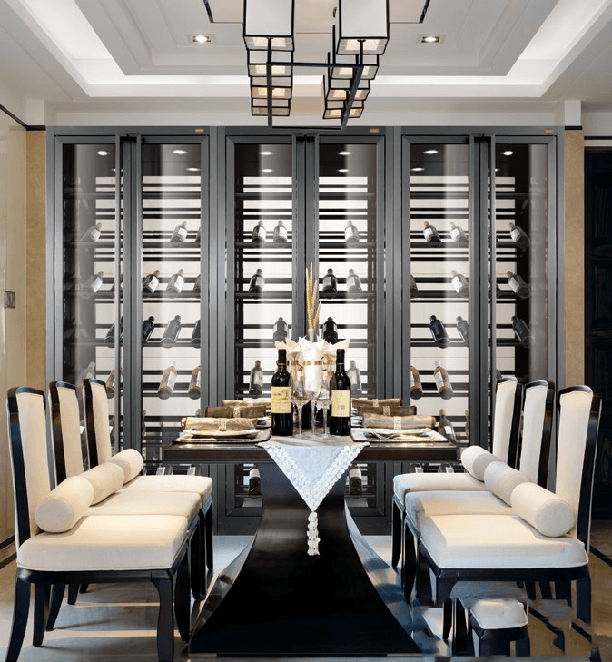 PVD Coated Stainless Steel black cabinetry for a luxury wine cellar, offering a modern and easy-to-maintain surface.