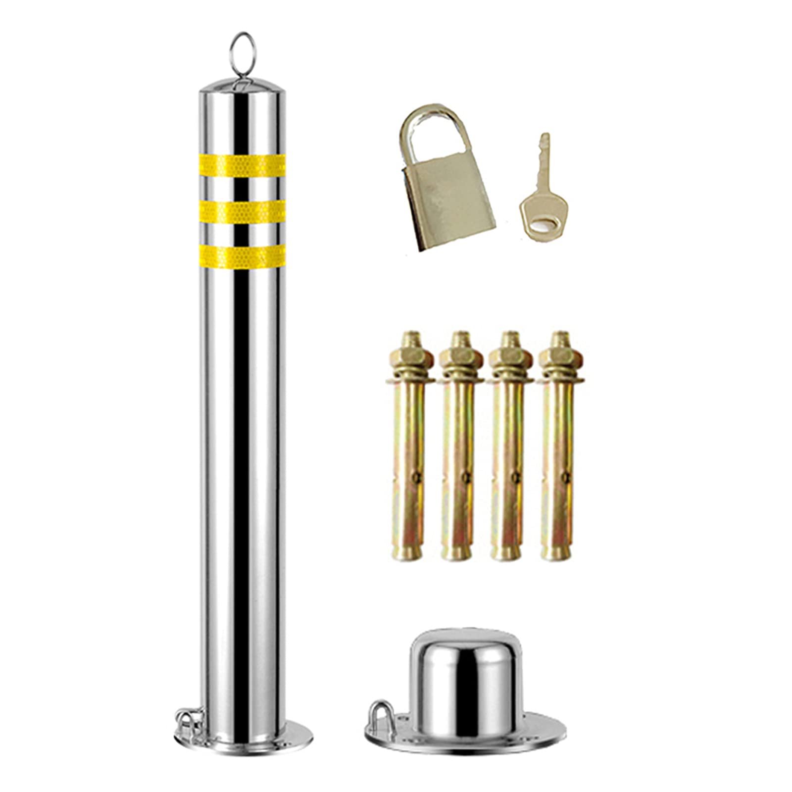 XYC removable stainless steel security bollard with yellow reflective tape, featuring a padlock system for flexible access control and easy installation using expansion bolts.