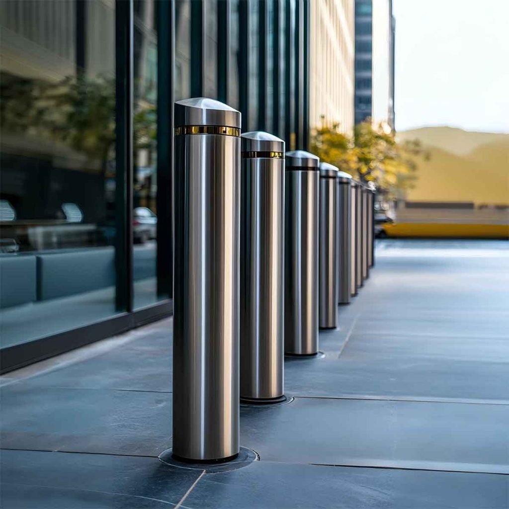 A flush-mounted retractable stainless steel bollard, shown in the raised position with integrated LED warning lights on top.