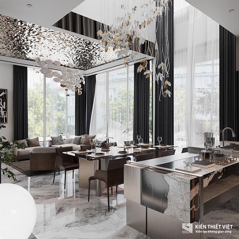 Contemporary living area featuring a silver mirror water ripple stainless steel sheets ceiling panel for artistic visual interest.