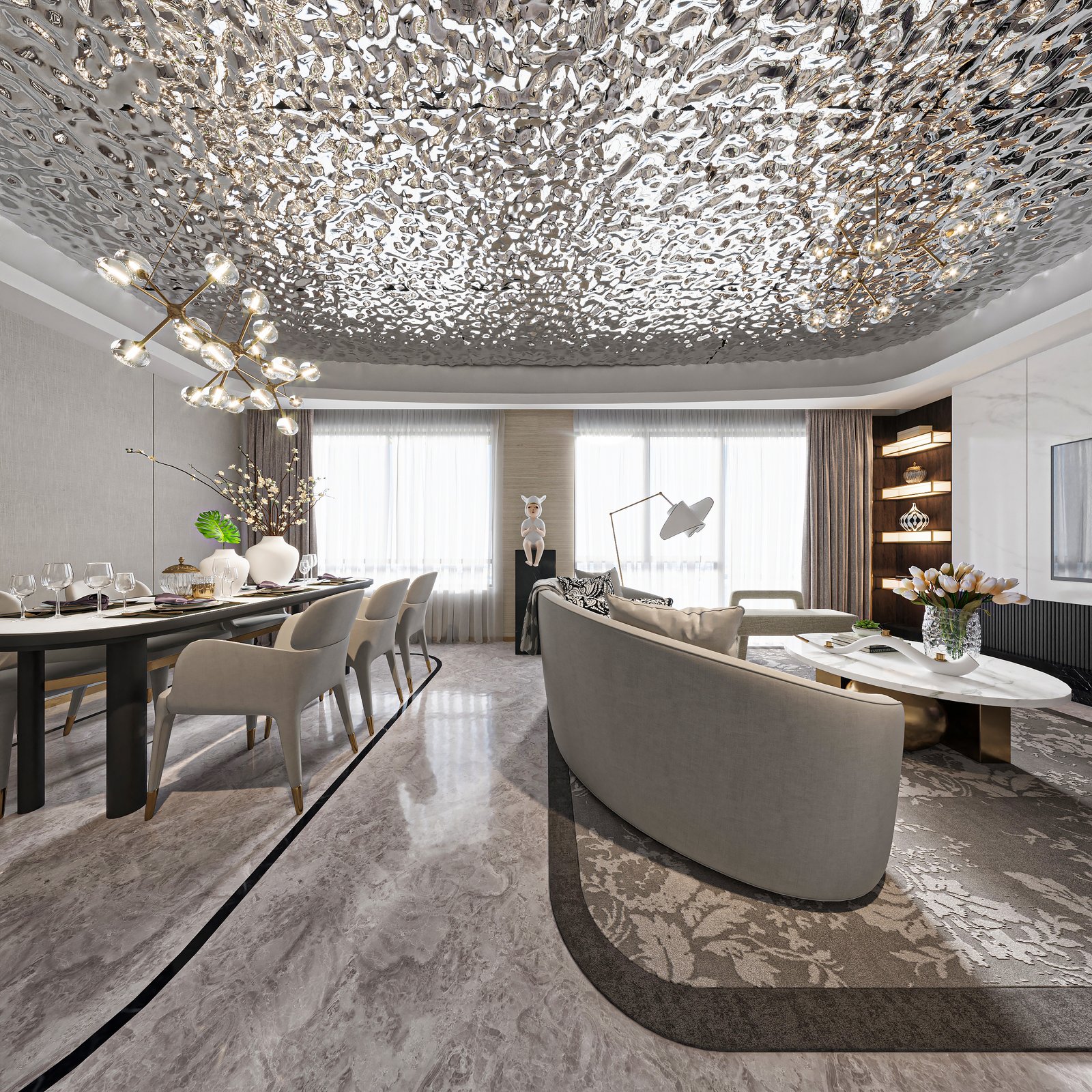 Bright living room featuring a small wave water ripple stainless steel sheets ceiling by XYC Metalworks for a modern reflective aesthetic.