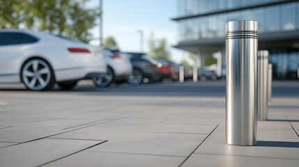 A close-up of a stainless steel security post protecting a pedestrian walkway from a car parking lot.