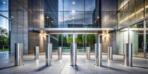 Stainless steel security bollards guarding the glass entrance of a modern corporate office building