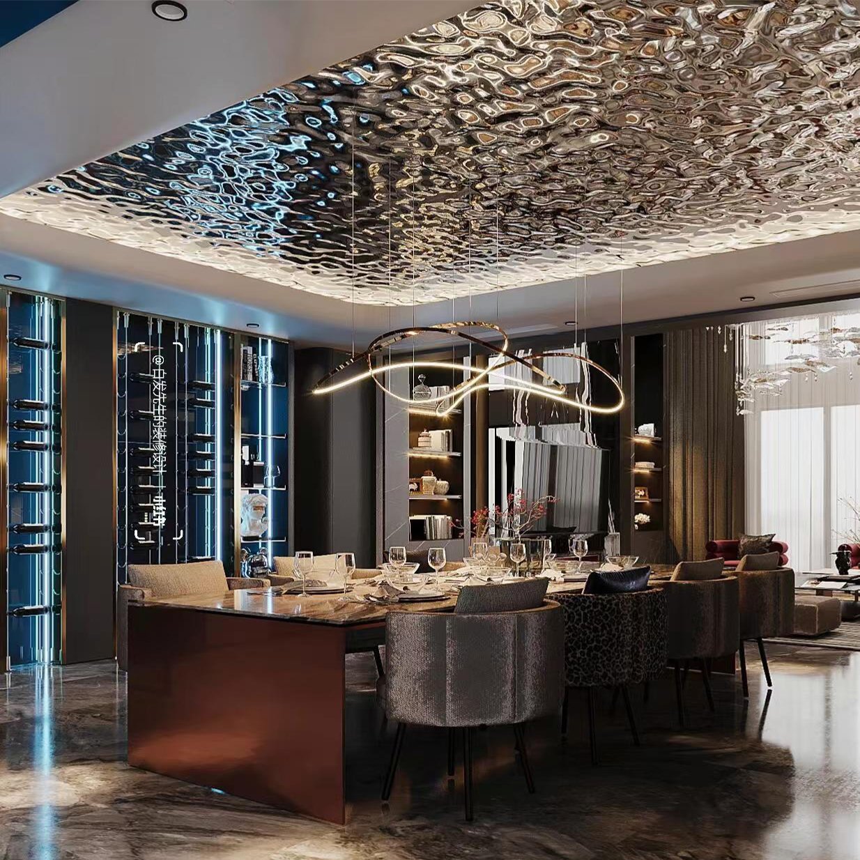 mesmerizing reflections of stamped mirror water ripple stainless steel sheets on the ceiling.