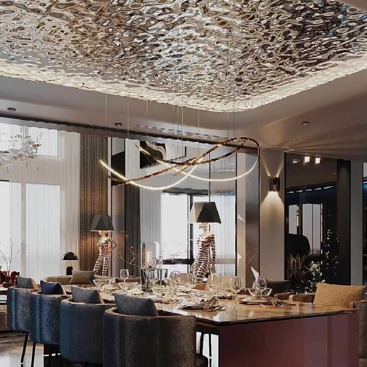 High-end dining hall showcasing stamped water ripple stainless steel sheets on the ceiling for mesmerizing reflections.