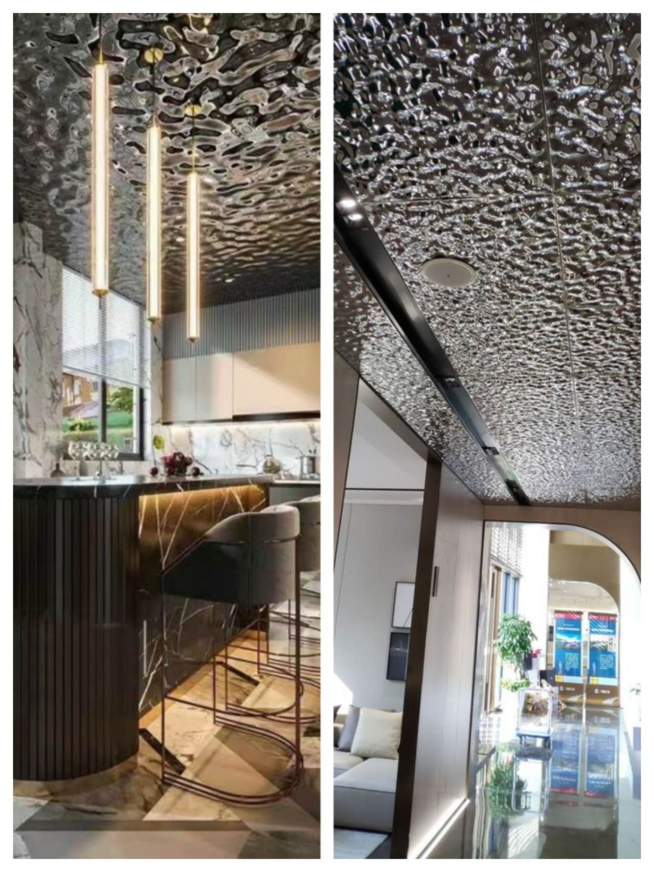 Comparison view of stamped water ripple stainless steel sheets used in modern kitchen and hallway decorative ceiling installations.