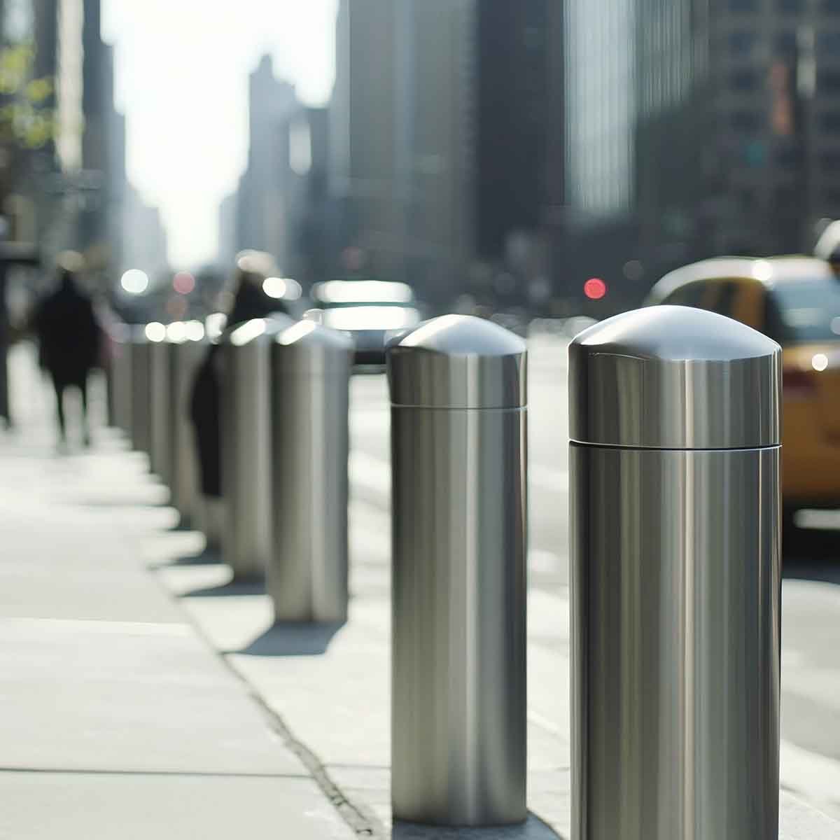 100% recyclable and sustainable stainless steel bollards installed along a city sidewalk, reducing lifecycle costs and environmental impact in urban environments.