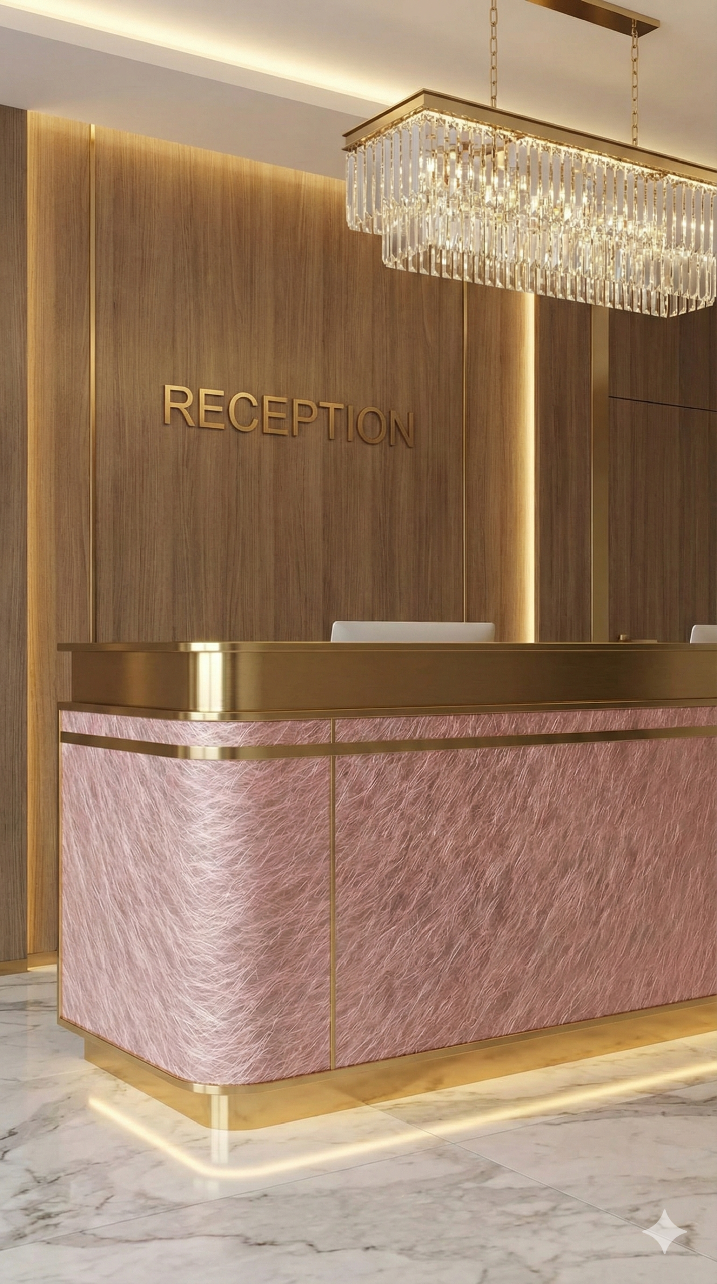 Vibration finish stainless steel reception desk with a rose gold PVD finish, combining modern design with exceptional wear resistance.