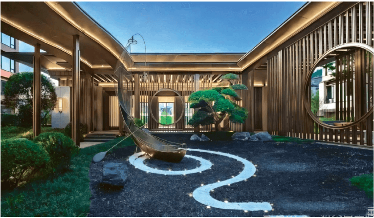 Architectural Metal Partitions featuring premium bronze vertical slat screens for high-end Zen garden exterior design