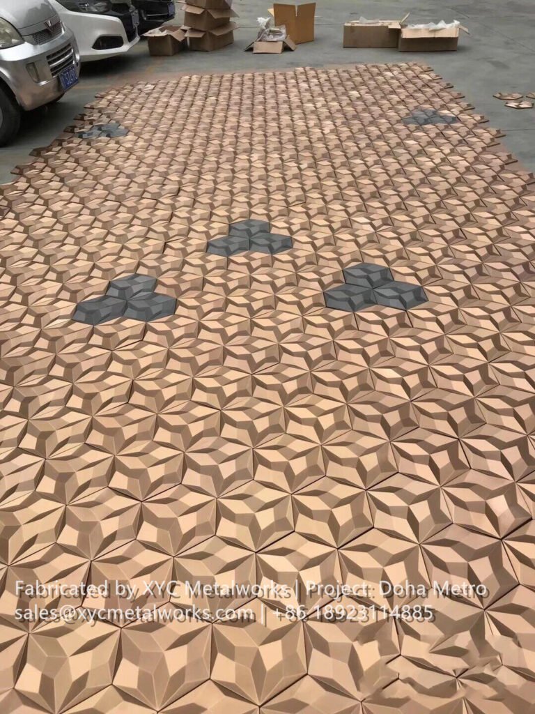 Mass production and factory sorting of 3D geometric metal panels for the large-scale Doha Metro infrastructure project.