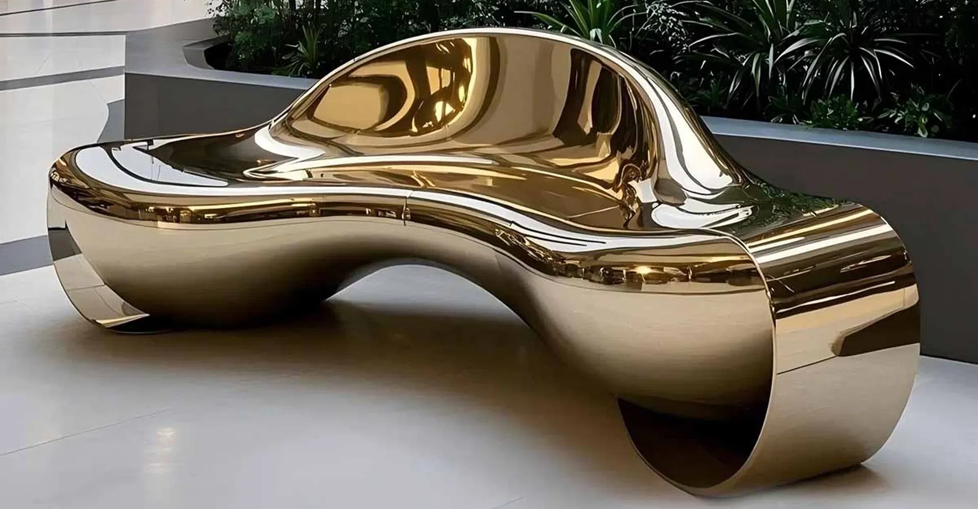 Luxury bespoke mirror-polished gold PVD coated stainless steel bench with a modern organic curved design for high-end commercial interiors.